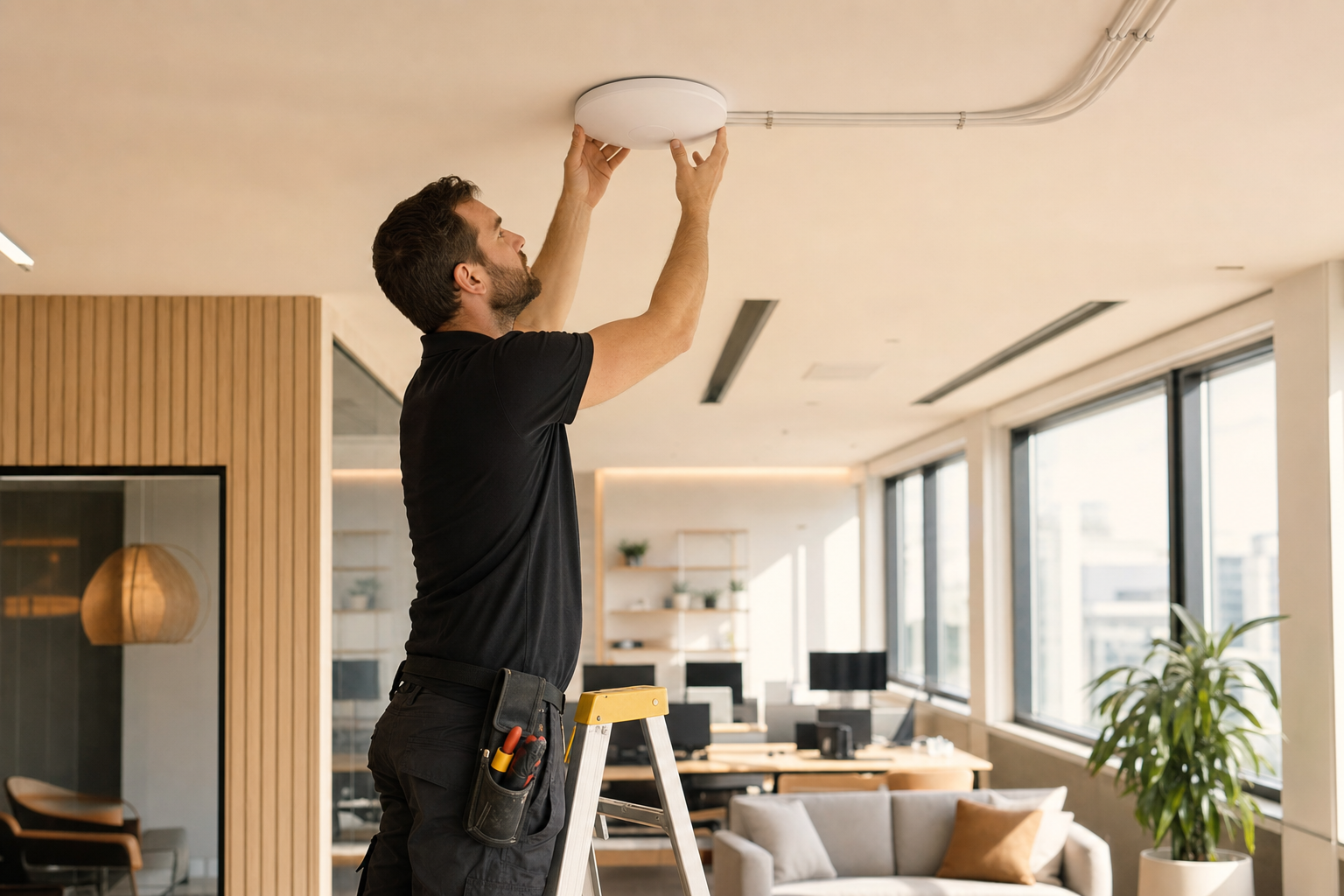 A professional installer mounting a ceiling Wi-Fi access point in a modern office