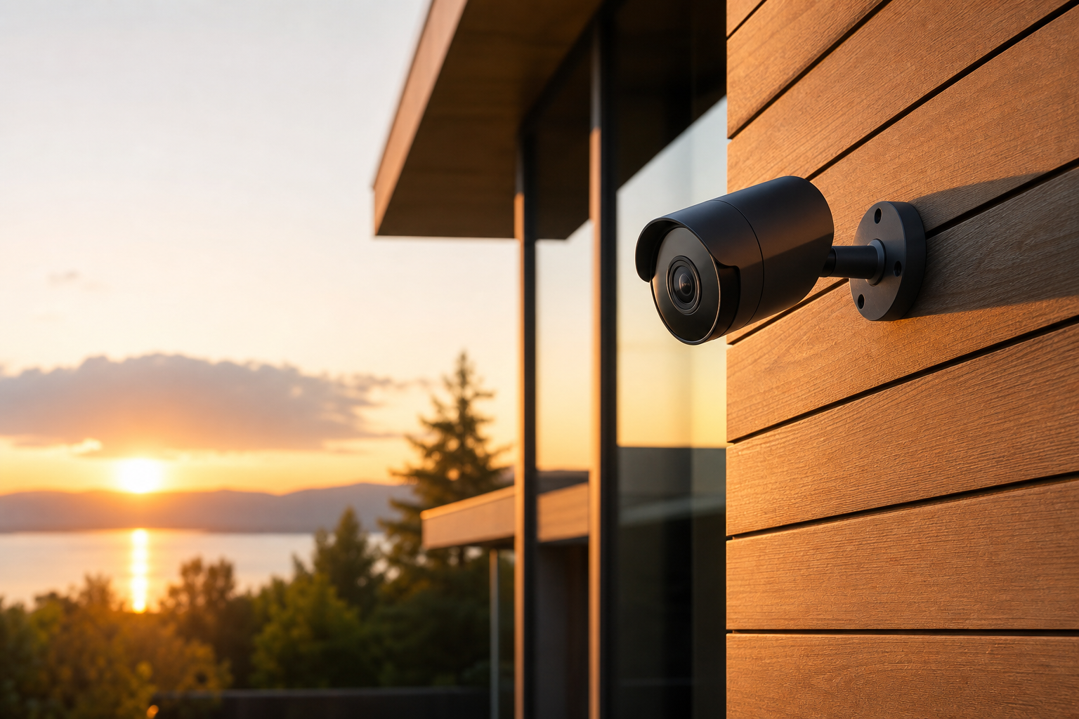 A modern outdoor security camera mounted on a wood-clad building